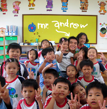 ESL Teacher Andrew with his English students in Taiwan