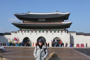 Teach English for SMOE Tiffany Molyneux with a Korean temple