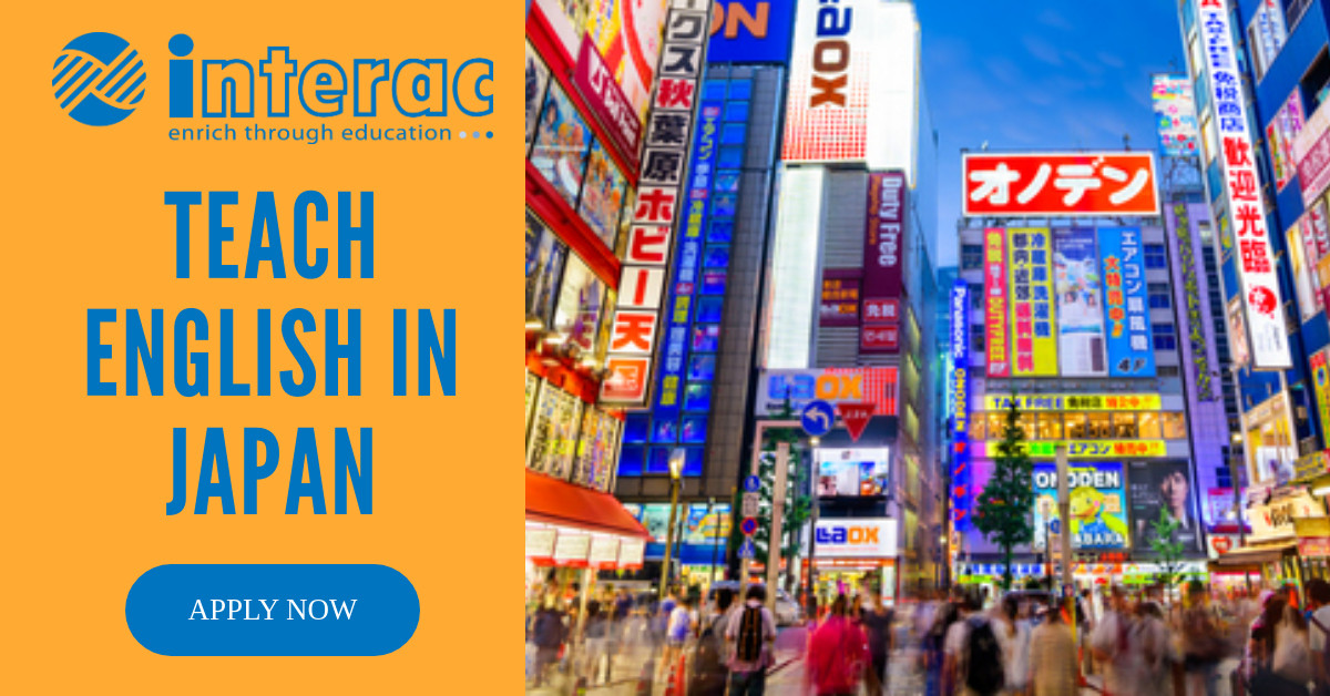 Teach English in Japan with Interac: Reach To Teach is pleased to work with Interac, Japan's largest Assistant Language Teacher provider. The image features a busy Japanese city.